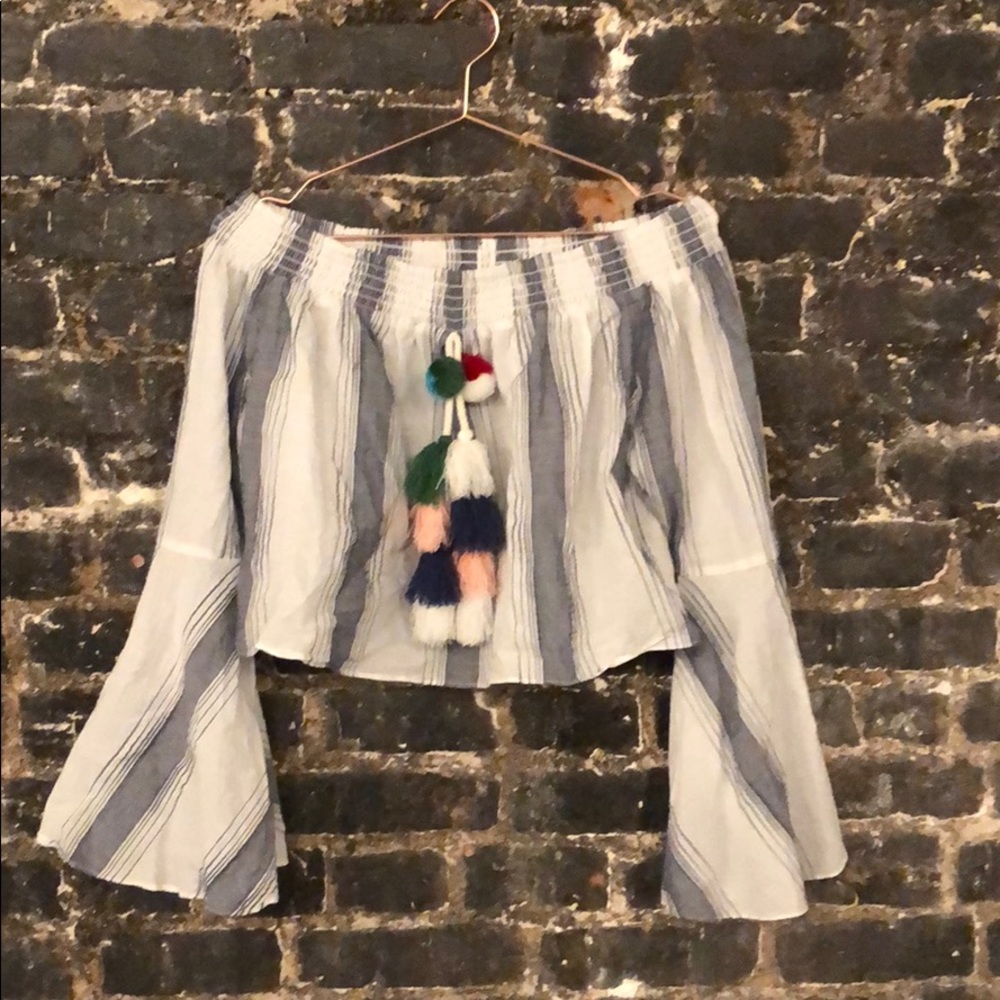Anthropologie Blue and White Striped Off-Shoulder Crop Top with Tassels